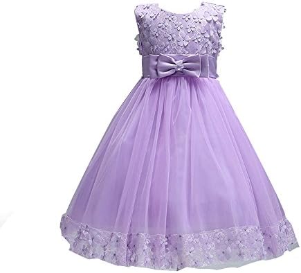 Haggai Bow Girls Dress Lace 3D Flower Summer Princess Sleeveless Party Dresses Kid Floral Tulle Wedding (8T/120cm, Violet)