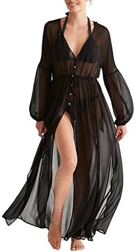 Ourlove Fashion Women's Chiffon Long Kimono Cardigan Maxi Bikini Swimsuit Cover up Swimwear (Black)