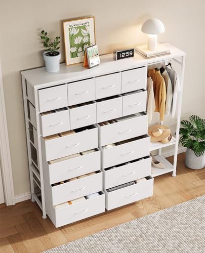 Garvee 16-Drawer Tall Dresser with Clothes Rack - Fabric Storage Chest for Bedroom, Closet Organizer with 2 Shelves & Adjustable Dividers | Vertical Space-Saving Design, White