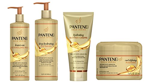 Pantene Gold Series Natural Hair Kit with Argan Oil, Sulfate Free Co Wash, Leave in Detangling Milk, Hydrating Butter Cream, and Curl Defining Pudding for Natural and Textured Hair