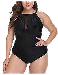 Wavely Traje de baño de una sola pieza para dama, talla grande, con control de abdomen, cuello alto, escote en V, de malla, monokini fruncido