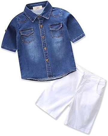 Tracksuit Baby Boys Clothing Set Toddler Denim Shirt+White Shorts Clothes Suit (Blue, Tag:80/6-12M)