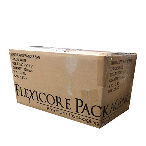 8"x4.75"x10" - 100 Pcs White Kraft Paper Bags, Shopping, Merchandise, Party, Gift Bags, Flexicore Packaging