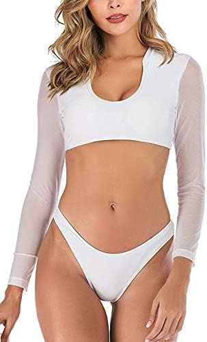 Women's Sexy High Waist Rash Guard Swimwear Long Sleeve Swimsuit with Mesh