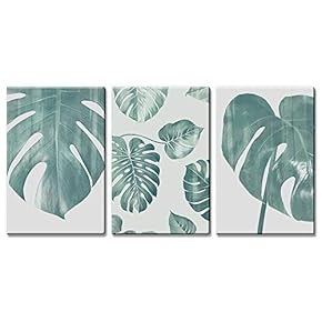 3 Panel Retro Style Large Green Tropical Leaves...