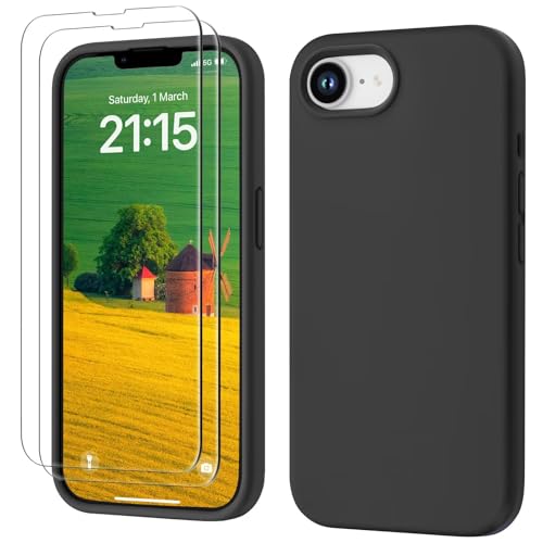 GOODVISH 3 IN 1 for iPhone 17e Case/iPhone 16e Case Liquid Silicone, [with 2 HD Screen Protector][Full Body] Protective Cover Anti Slip Slim Soft Microfiber Lining iPhone 17 e Phone Case, Black