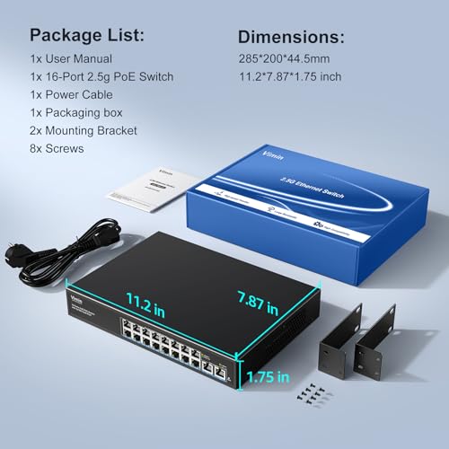 18 Port 10G/2.5G Ethernet Switch with Dual 10GBASE-T, Vimin 16x2.5G + 2 Port RJ45 10GB Unmanaged Switch 80Gbps Capacity 80Gbps Capacity 10G Desktop Network Switch for NAS PC AP