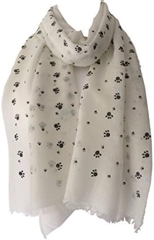 Purple Possum UK Cream Scarf with a Grey Paw Print Pattern, Ladies Ivory Cotton Blend Cats Dogs Paws Scarf