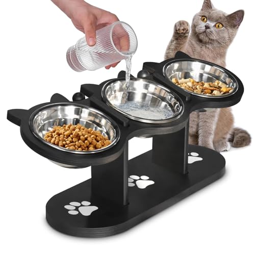 Elevated Cat Food Bowls for Indoor Cats with Adjustable Height Stand and Black Shelf, 3 Stainless Steel Bowls Tilted at 15° for Better Eating Posture, Ideal for Cats and Small Pets (Black)