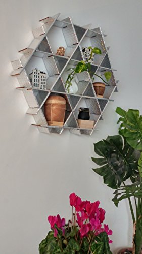 Hexagon Floating Shelves, Bookcase, Hanging Bookshelf, Living Room Storage, Small Bookshelf - Ruche Shelving Unit Medium- Cardboard unicorn silver finish
