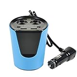 ETvalley Multifunction Smart Car Charger with 2 USB Ports and 2 Cigarette Lighters Plugs, Switch on Buttons, LED Display, for Android, Apple, Samsung and Windows Mobile Devices, Blue