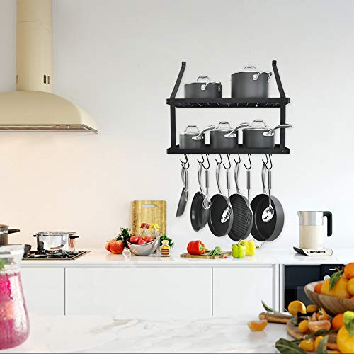 HomeLifairy Wall Mounted Double Pot Shelf Rack Pan With 10 Pot And Pan Hanging Hooks For Home Kitchen,Restaurant