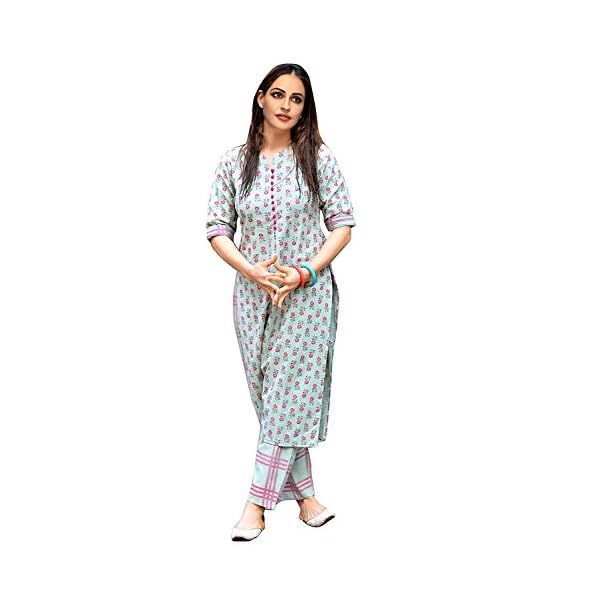 GoSriKi-Womens-Green-Cotton-Printed-Straight-Kurta-With-Checkered-Trouser