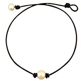 White Pearl Leather Necklace Choker with Single11 mm Pearls on Natural Black Leather