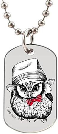 A little owl in Elegant hat and tie Custom Personalized Fashion Oval Cats Dogs Pet Tag ID with 30 "Aluminum Bead Chain Necklace