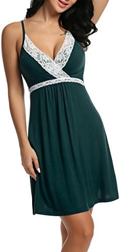 DonKap Sleepwear Teens Lace Knit Trim Slips Nightgown Sleepshirt Lounge Dress Dark Green M