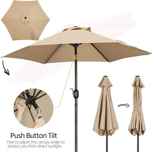 RabbitStorm Paraguas de Mercado de 7,5 Pies, Sombrilla de Mesa para Exteriores con Botón de Inclinación y Manivela para Jardín, Césped, Terraza, Patio Trasero, Piscina, 6 Varillas, Color Caqui