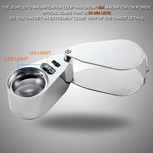 KINGMAS 40X Jewelers Loupe, LED Light Illuminated Folding Magnifying Jewelry Eye Magnifier (LED Currency Detecting/Jewlers Identifying Type Lupe)