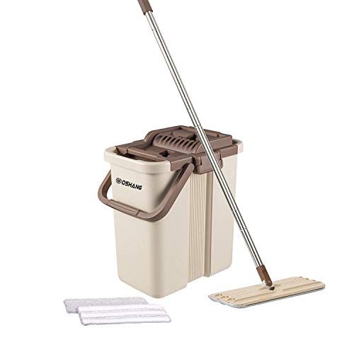 Oshang Flat Squeeze Mop and Bucket - Hand-Free Wringing Floor Cleaning Mop - 2 Types Washable & Reusable Microfiber Mop Clothes/Pads Included - Wet or Dry Usage on Hardwood