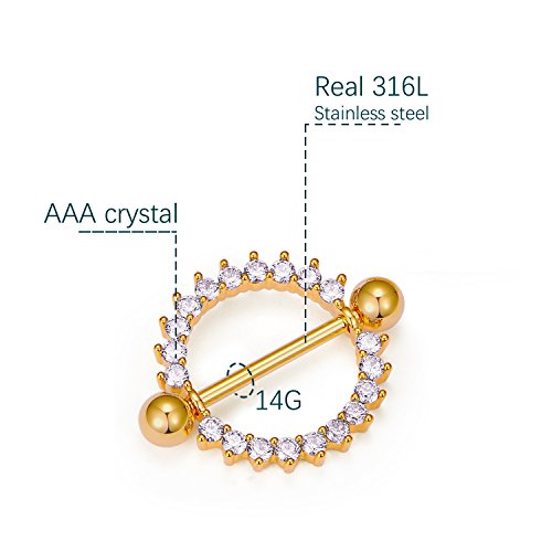 vcmart Pair of Nipple Rings Circle of Life Nipplerings White Gems Shields Body Piercing Jewelry 15G Gold