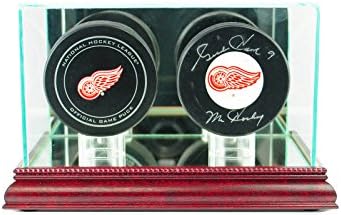 Glass Double Hockey Puck Display Case Uv Protection Cherry Wood And Mirror Back