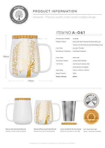 amapodo Teetasse mit Deckel und Sieb - 600ml Porzellan Tee Tasse groà - Jumbotasse - XXL Tea Cup Set Weià - plastikfrei – Bild 4