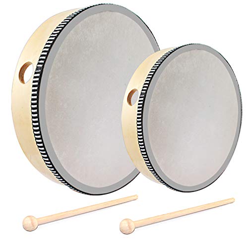 WeiMeet 2 Pieces Hand Drum 6 Inches and 8 Inches Wood Frame Drum Percussion with Drum Sticks