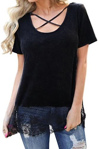 Ousta Outsta WomenSuper Hot Summer Short Sleeve O Neck Lace Ends Tops See-Through Shirt Casual Blouse (L)