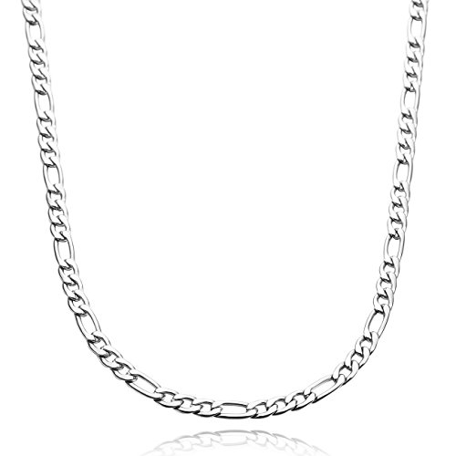 MOWOM Silver Tone 5.0mm Wide Stainless Steel Necklace Figaro Chain Link 14~40 Inch