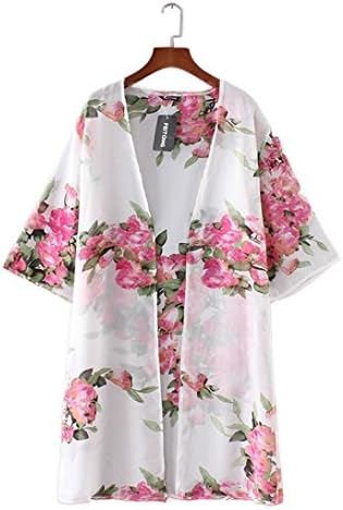 METFIT Women Floral Chiffon Loose Shawl Kimono Cardigan Top Shirt Blouse (L, White)