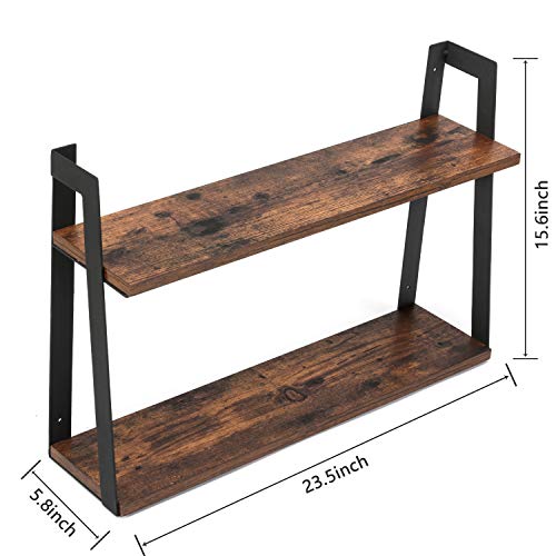 MaidMAX Floating Shelves, 2 Tier Rustic Shelf, Display Storage Ledge, Wall Mounted Shelf with Metal Brackets for Living Room, Bathroom, Bedroom, Kitchen, Wood Grain Finish - Thumbnail 2