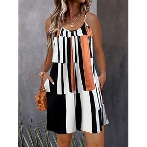 Women Spaghetti Strap Color Block Geometric Print Romper Sleeveless Loose Fit Casual Summer Short Jumpsuit