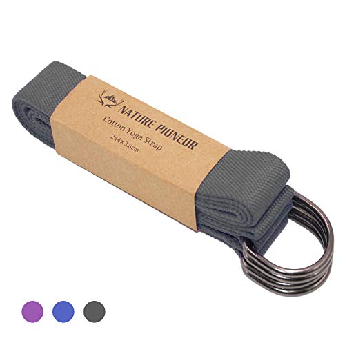 NATURE PIONEOR Yoga Strap/Stretch Bands Durable Cotton with Four Adjustable Metal D-Ring Buckle (8ft) Belt for Yoga, Pilates, Physical Therapy, Dance, Gym