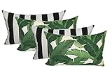 Set of 4 Indoor / Outdoor Decorative Lumbar / Rectangle Pillows - 2 Made with Tommy Bahama Swaying Palms Aloe Green Tropical Palm Leaf Fabric and 2 Black and White Stripe Fabric