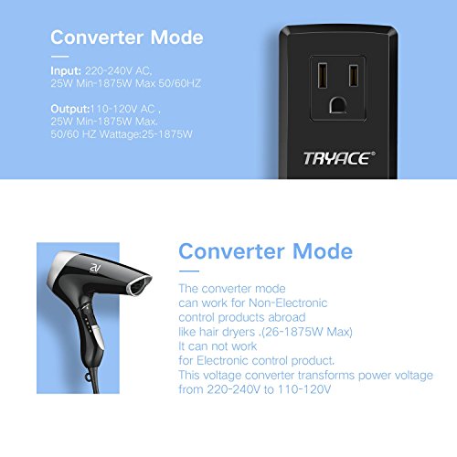 TryAce 1875W Travel Adapter and Converter Combo 240V to 110V international Voltage Converter for Hair Dryer, All in One Plug 8A Max Adapter Wall Charger for UK/AU/US/EU 150+ Countries (1875W-Upgraded) - Thumbnail 4
