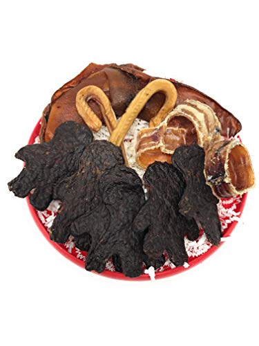 Sancho & Lola's Natural Chews Set: 2 Pig Ear Halves, 2 Petite Candy Cane Steer Bully Sticks, 6 Lil' Buddy Beef Treats Packed in Red or Green Flying Disc - Made in USA