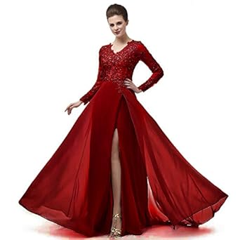 menoqo Elegant Long Sleeve A Line V Neck Chiffon Lace Beaded Long Evening Dresses 2018 Robe De Soiree manche Longue