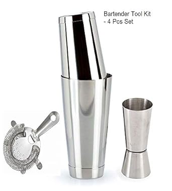 THW Professional Boston Shaker Set with Hawthorne Strainer and Japanese Jigger, Bartender Tool Kit, Home Bar Cocktail Maker Set : 4 Pcs Set