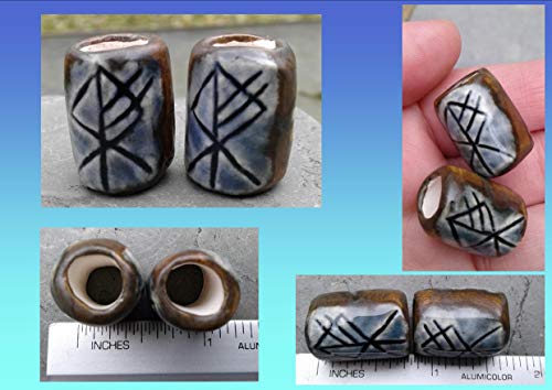 Set 2 Wolf Rune Macrame Beads Blue Bronze Ceramic Elder Futhark Norse Viking Beads Dreads