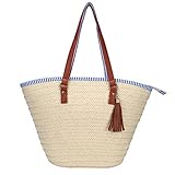 Sornean Summer Straw Beach Bag Handbags Shoulder Bag Tote,cotton lining,Top Leather Handle-Eco Friendly (Off white)