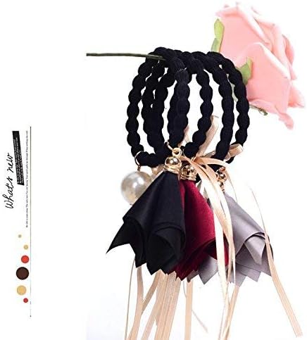 3 PCs Fancy Party Ware Satin Ribbon Flower Pearls Elastic Ponytail Holder Rubber Band Hair Accessory for Girl & Women
