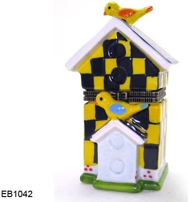 Art Gifts Birds on Bird House Porcelain Hinged Trinket Box with Tiny Surprise Trinket Inside, 3.5 Inches Tall