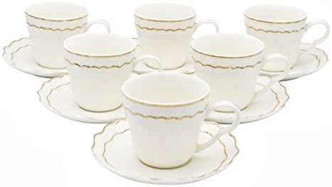 LA Prestige Kitchen Graceful Coffee or Tea Set of 6 China Cups and Saucers with Gold Rim 6 oz (Double Line Gold Rim)