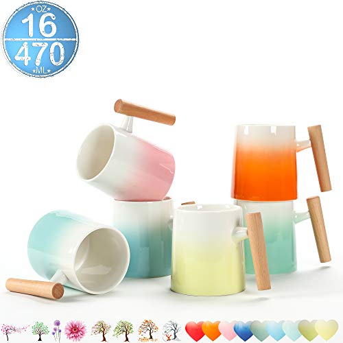 TEANAGOO MS026C Porcelain Mug with Wooden Handle - 16 Ounce for Coffee, Tea, Cocoa, Set of 6, Cold Assorted Colors