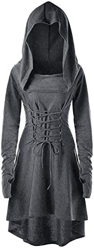 Womens Hooded Robe Lace Up Vintage Pullover High Low Long Hoodie Dress