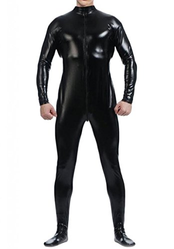 WOLF UNITARD Men's Shiny Metallic Unitard Bodysuits X-Large Black