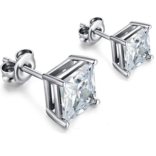 Sterling Silver Stud Earrings - Fashion White Gold Plated Cubic Zirconia Diamond Stud Earrings,Charm Sterling Silver Post Earrings Prong Setting Square Diamond Stud Earrings for Men Women