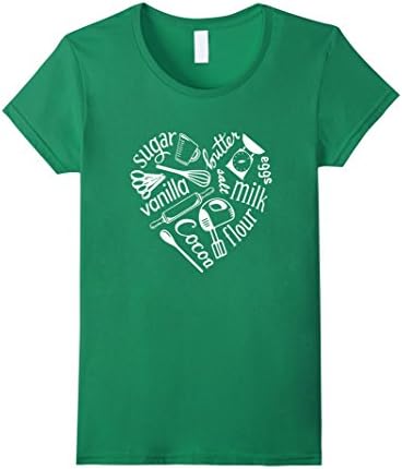 Womens Baking Ingredients and Utensils Heart T-Shirt I love to Bake Small Kelly Green