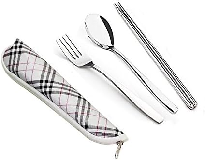 Portable Reusable Flatware Sets Fork, Spoon, Chopsticks, Rustproof Stainless Steel Travel Cutlery Utensils Set with Carrying Waterproof Case for Traveling Camping Picnic Working Hiking (Black)