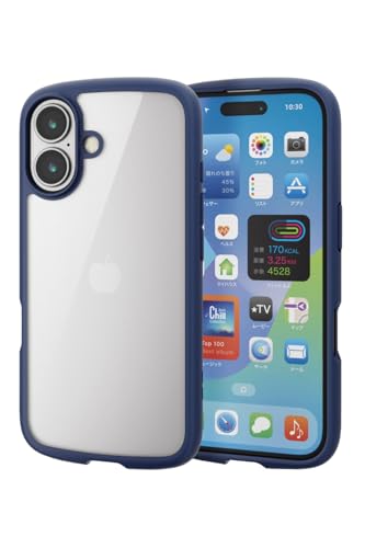 エレコム iPhone 16 ケース クリア 耐衝撃 衝撃吸収 フレームカラー ハイブリッド 薄型 軽量 ワイヤレス充電対応 ストラップホール付き 全周エアークッション ストラップホルダーシート付 ネイビー PM-A24ATSLFCNV